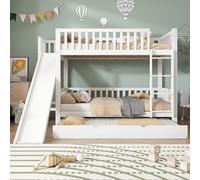 BLUON HOME Cama infantil de madera, cama infantil, litera con cama abatible, con barrera anticaídas, con tobogán y estantes, con escalera recta de 4 niveles, pino y tablero de fibra de densidad media