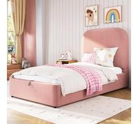 BLUON HOME Cama juvenil tapizada de 90 x 200 cm, cama funcional hidráulica, cama con somier, cabecero y gran espacio de almacenamiento, cabecero tapizado, terciopelo, color rosa