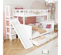 BLUON HOME Litera de madera maciza con tobogán y estante con niveles de seguridad, dos cajones grandes y somier, 90 x 200/140 x 200 cm, color blanco