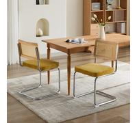 BLUON HOME Sillas voladizas voladoras, sillas voladizas de mimbre vienés, moderno juego de 2, sillas de comedor de terciopelo acento con respaldo de tubo natural y base cromada de acero inoxidable
