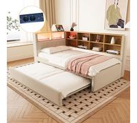 BLUON HOME Sofá cama 90 x 200, cama nido 90 x 190, equipado con luces LED, enchufes y muchos compartimentos, cama tapizada, sofá cama multifunción, cama individual, franela, beige.