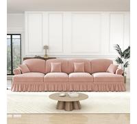 BLUON HOME Sofá cama de pana para 4 personas, sofá grande, elegante, de 4 plazas, estilo mediados de chenilla, con reposabrazos de embudo, delantal extraíble y patas en forma de husillo (rosa)