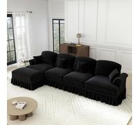 BLUON HOME Sofá cama de pana para 4 personas, sofá grande, sofá clásico modular en forma de L de 4 plazas de chenilla con reposabrazos de embudo, delantal con volantes desmontable, patas en forma de