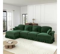 BLUON HOME Sofá cama de pana para 4 personas, sofá grande, sofá modular clásico en forma de L de 4 plazas de chenilla con reposabrazos de embudo, delantal con volantes desmontable, patas en forma de