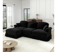 BLUON HOME Sofá modular, chaise longue, chaise longue, sofá modular de 3 plazas en forma de L de chenilla con reposabrazos de embudo, delantal desmontable (negro)