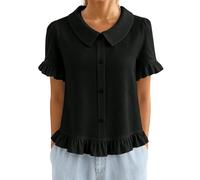 Blusa Abotonada con Cuello Peter Pan, Mangas Cortas con Volantes y Dobladillo Decorativo. Tejido Texturizado Ligero y Corte Relajado, una opción Bonita para el día a día y(Black, XXXL)