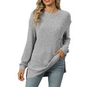 Blusa ajustada para mujer, suéter acanalado extra cálido, cuello redondo, dobladillo dividido, color sólido, suéter largo para otoño e invierno, ropa térmica cómoda, Verde tirando a negro, XXL