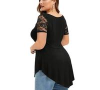Blusa Asimétrica Sólido Floral Mujeres Encaje TRES Tops Tamaño Más O-Cuello Más Tamaño Tops Mono De Las Mujeres Manga Larga, Negro , 5XL