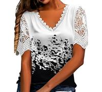 Blusa bohemia de manga corta con cuello en V para mujer, elegante, con encaje, estampado floral, ajuste holgado, para verano, negocios, uso diario, blanco, M