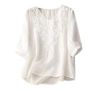 Blusa Bohemia para Mujer, Camisa de Lino con Bordado Elaborado de Flores, Estilo Hippie Chic,Manga Corta y Cuello en V, Elegante y Femenina para Noches de Verano 2026
