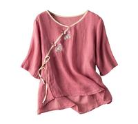Blusa Bohemia para Mujer, Camisa de Lino con Bordado Elaborado de Flores, Estilo Hippie Chic,Manga Corta y Cuello en V, Elegante y Femenina para Noches de Verano 2026