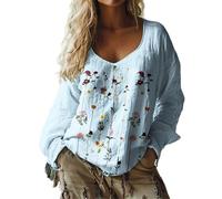 Blusa bordada bohemia para mujer, vintage, hippie, bohemio, bordada, ajuste holgado, manga 3/4, otoño, manga larga, túnica casual, cuello redondo, estampado floral, para playa, vacaciones, Azul Estilo