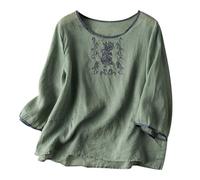 Blusa bordada de lino para mujer, estilo bohemio, campesino, manga corta, estampado floral, para primavera, indio, con volantes frontales, túnica para mujeres mayores, ajuste holgado, manga 3/4, retro