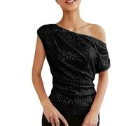 Blusa brillante con lentejuelas para mujer, estilo casual, elegante, hombros descubiertos, con purpurina, para fiesta, noche, carnaval, baile de graduación, Negro, L