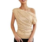 Blusa brillante con lentejuelas para mujer, estilo casual, elegante, hombros descubiertos, con purpurina, para fiesta, noche, carnaval, baile de graduación, dorado, L