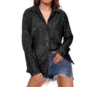 Blusa brillante para mujer, con botones, lentejuelas y purpurina, elegante, para negocios, casual, para fiestas de Navidad, ropa de noche, club, talla grande, camisas de Año Nuevo, Negro, 3XL