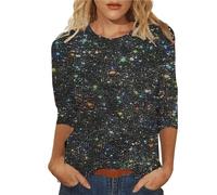 Blusa brillante para mujer, manga 3/4, con purpurina brillante, para fiesta, discoteca, fiesta, club, casual, holgada, elegante, con brillos frontales y brillantes, Negro, XXL