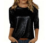 Blusa brillante para mujer, manga 3/4, cuello redondo, estampado de lentejuelas, elegante, casual, para carnaval, fiesta, ropa de moda para mujer, Negro, L