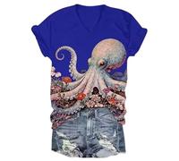 Blusa Casual de Manga Corta Holgada con Cuello V para Mujeres Estampado 3D Retro de Criaturas Marinas tecnológicas Verano