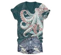Blusa Casual de Manga Corta Holgada con Cuello V para Mujeres Estampado 3D Retro de Criaturas Marinas tecnológicas Verano