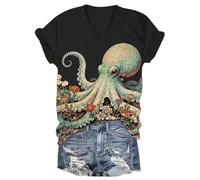 Blusa Casual de Manga Corta Holgada con Cuello V para Mujeres Estampado 3D Retro de Criaturas Marinas tecnológicas Verano