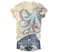 Blusa Casual de Manga Corta Holgada con Cuello V para Mujeres Estampado 3D Retro de Criaturas Marinas tecnológicas Verano