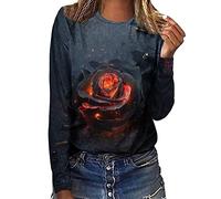 Blusa casual de verano para mujer, con estampado de rosas y flores, manga larga, cuello redondo, camiseta suelta con divisiones laterales, túnica de verano para mujer, Negro , S