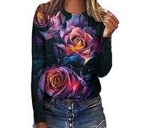 Blusa casual de verano para mujer, con estampado de rosas y flores, manga larga, cuello redondo, camiseta suelta con divisiones laterales, túnica de verano para mujer, Rosa intenso., XXL