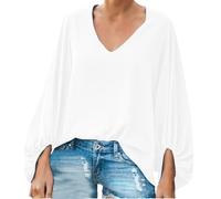 Blusa casual elegante para mujer, detalle fruncido a la moda, manga larga globo, cuello en V, tela de gasa, trajes de otoño esenciales, blanco, S