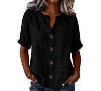 Blusa casual Henley de manga corta con cuello en V para mujer, con botones, ajuste holgado, estilo vintage, para el verano, para uso diario o ir de compras, Negro, XL