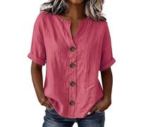 Blusa casual Henley de manga corta con cuello en V para mujer, con botones, ajuste holgado, estilo vintage, para el verano, para uso diario o ir de compras, hot pink, XXL