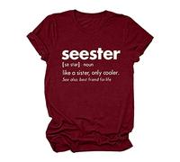 Blusa casual para mujer, blusa con estampado de letras, cuello redondo, manga corta, camiseta suelta, top único, blusa suave y cálida, ropa de neón para mujer, Vino, XXL
