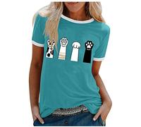 Blusa casual para mujer, cuello redondo, manga corta, costuras, color, gato, estampado de arañazos, estampado, camiseta, camiseta de vacaciones, túnica, azul, S