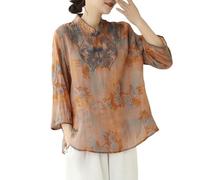 Blusa china de verano para mujer, manga 3/4, cuello mandarín tradicional, camisa étnica de algodón y lino, Qipao, E067-naranja rojo, Large