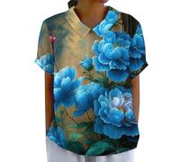 Blusa con cuello Peter Pan para mujer, floral, elegante, casual, linda, babydoll, manga corta, camisas de verano, ropa de vacaciones, playa, vacaciones, túnica, ajuste holgado, azul, M