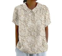 Blusa con cuello Peter Pan para mujer, floral, elegante, casual, linda, babydoll, manga corta, ropa de vacaciones, playa, vacaciones, ropa de vacaciones, camiseta de verano, camisas holgadas, caqui