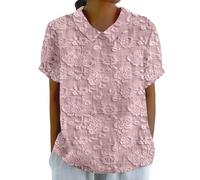 Blusa con cuello Peter Pan para mujer, floral, elegante, casual, linda, babydoll, manga corta, ropa de vacaciones, playa, vacaciones, ropa de vacaciones, camiseta de verano, camisas holgadas, rosa, M