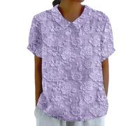 Blusa con cuello Peter Pan para mujer, floral, elegante, casual, linda, babydoll, manga corta, ropa de vacaciones, playa, vacaciones, ropa de vacaciones, camiseta de verano, camisas holgadas, Morado