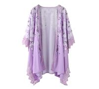 Blusa con estampado floral de manga abombada, cárdigan kimono suelto, blusa informal con purpurina verde, morado, 3XL
