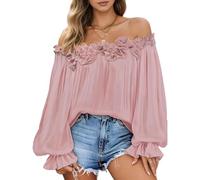 Blusa con hombros descubiertos y ribete de volantes, elegante blusa de manga de lámpara en negro, sustancia transparente elástica para citas, blusa negra campesina de moda, C, M