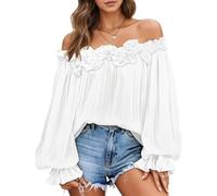 Blusa con hombros descubiertos y ribete de volantes, elegante blusa de manga de lámpara en negro, sustancia transparente elástica para citas, blusa negra campesina de moda, blanco, S