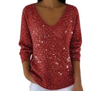 Blusa con lentejuelas para mujer, con cuello en V, informal, manga larga, elegante, para fiestas de noche, ocasiones festivas, elegante, elegante, llamativo, inconfundible, O rojo., XXL