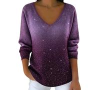 Blusa con lentejuelas para mujer, con cuello en V, informal, manga larga, elegante, para fiestas de noche, ocasiones festivas, elegante, elegante, llamativo, inconfundible, O Púrpura, L
