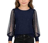 Blusa Con Lentejuelas Para Niñas - Camisa elegante para niñas con lentejuelas brillantes blusa tipo túnica de manga larga de malla transparente con cuello redondo y para navideñas (Blue 5-6 Years)
