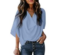 Blusa con mangas cortas y cuello en V de gasa casual para mujer Camisas de una sola tinta Tops de mujer Camisetas de gasa sexy Camisetas casuales anchas Blusas Top oversize Túnica Top de gasa, F Azul