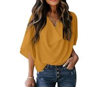Blusa con mangas cortas y cuello en V de gasa casual para mujer Camisas de una sola tinta Tops de mujer Camisetas de gasa sexy Camisetas casuales anchas Blusas Top oversize Túnica Top de gasa, L