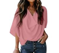 Blusa con mangas cortas y cuello en V de gasa casual para mujer Camisas de una sola tinta Tops de mujer Camisetas de gasa sexy Camisetas casuales anchas Blusas Top oversize Túnica Top de gasa, C Rosa