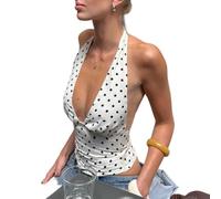 Blusa corta con cuello halter de lunares para mujer, sin mangas, espalda descubierta, ajustado, elegante, casual, para uso diario, negro, blanco, amarillo (S blanco)