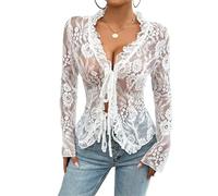 Blusa corta de encaje de manga larga para mujer, sexy, cuello en V, transparente, encaje floral, frente abierto, blusa de calle, Blanco, Large
