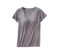 Blusa corta modal para mujer con brasier integrado, de manga corta, para verano, color liso, cuello en V, acolchada, camiseta de capas 2026, Z11 - Sujetador integrado gris oscuro, XXL